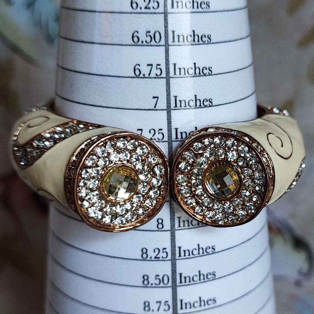 Cream Gold Tone Swirl Enameled Clear Citrine Rhinestone Clamper Bangle Bracelet - Picture 7 of 10